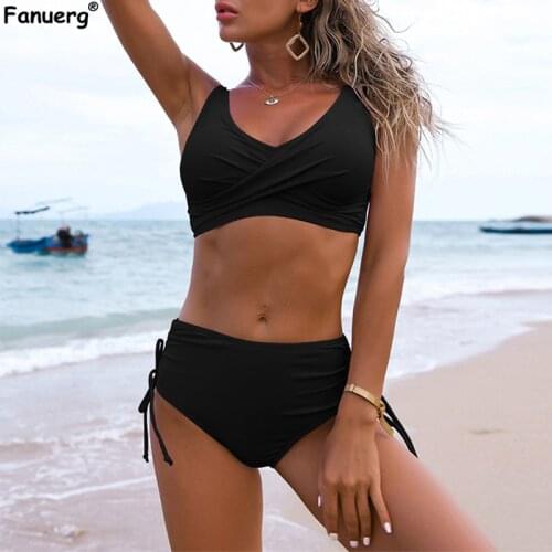 Fanuerg Women Twist Front High Waist Bikini Set Swimsuit Push Up Swimwear 2021 Drawstring Tie Side Bottom 2 Piece Bathing Suit