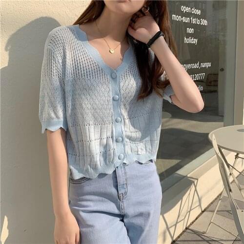 2021 Woman T Shirts Summer V-neck Knitted Color matching Cardigan Womens Top