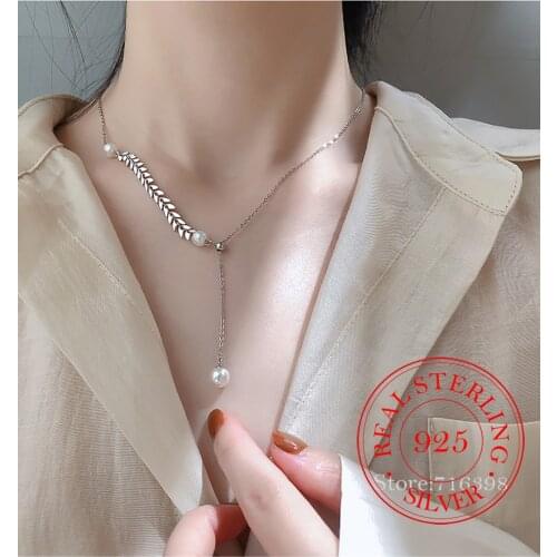 925 Sterling Silver Round Pearl Bead Leaf Shape Charm Pendant Necklace For Women Wedding Romantic Jewelry Choker Collar
