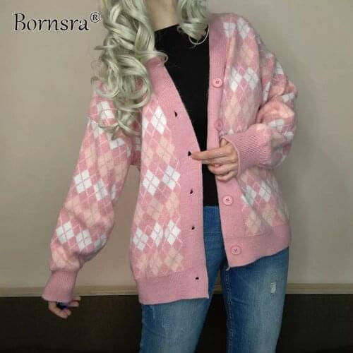 Bornsra 2021 Autumn Winter Solid Colorr Pink Single-breasted Knitted Cardigan Style Sweater Female High Street Sweater Women