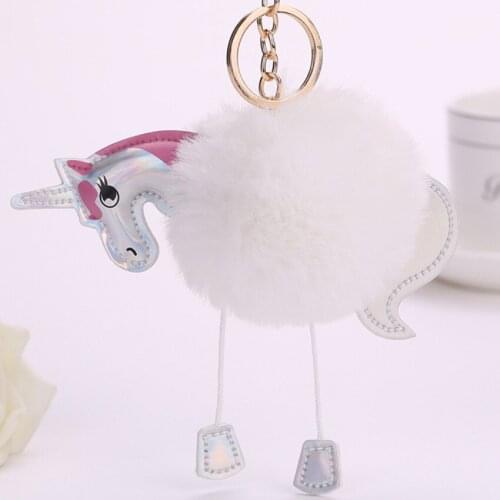 14CM Unicorn Keychain Artificial Pompoms Rabbit Fur Ball Pompon Key Chain Women Bag Car Keyring Clef Holder Fluffy Super Cute