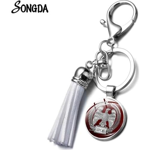Golden Roman Empire Eagle Emblem SPQR Tassel Keychain Antique Roman Legions Symbol Glass Dome Key Chain Jewelry Exquisite Gifts