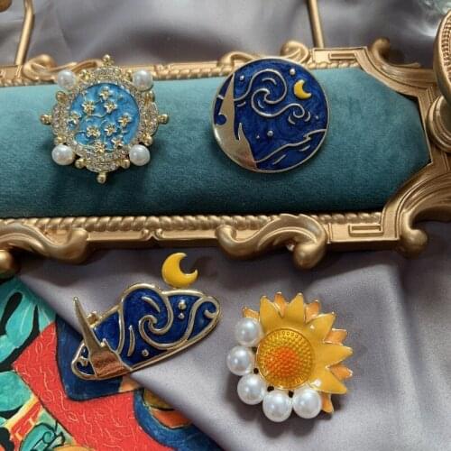 New Retro Starry Night Brooches Sunflower Sun And Moon Rhinestone Glaze Corsage Coat Accessories Badge Gift