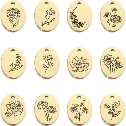 Fnixtar 12Pcs/Lot 16*12mm Oval Laser Month Flowers Charms Mirror Polish Stainless Steel Charms For DIY Making Necklace Keychain