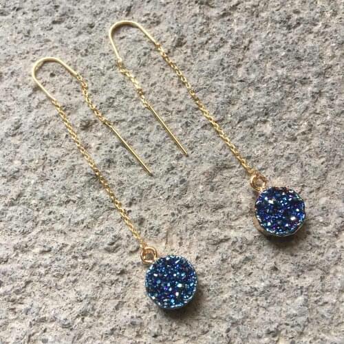 FUWO Round Aura Druzy Threader Earrings With Gold Color Filled Minimalist Design Natural Drusy Stone Jewelry For Women ER026