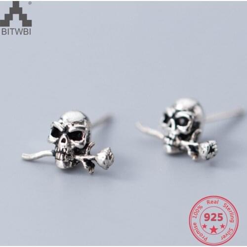 925 Sterling Silver Simple Retro Vintage Ethnic Skull Rose Stud Earring Jewelry for Women