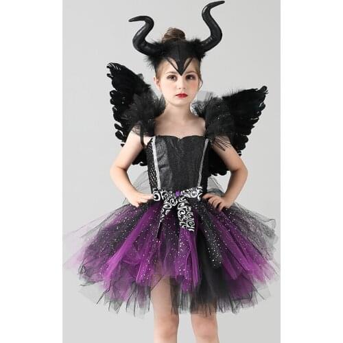 Dark Angel Costume Dress Wing Girls Evil Cosplay Outfits Clothing Baby Scary Halloween Dress For Performance Carnival Disguise