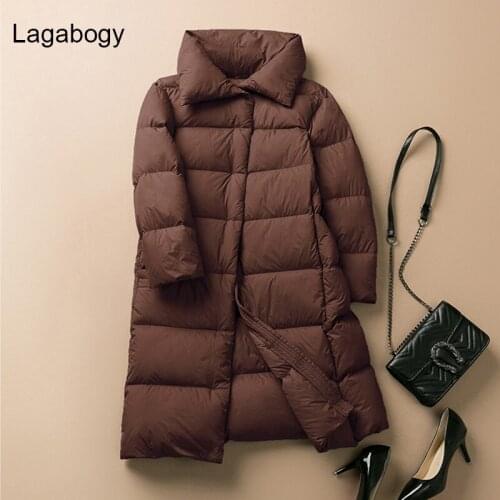 Lagabogy New Winter Womens Down Coat Thick Warm Long Puffer Jacket Female Ultra Light Casual 90% White Duck Down Parka Outwear
