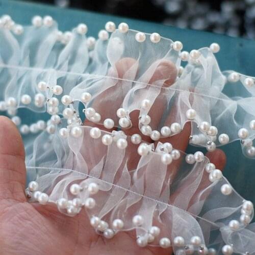 10Yards/Lot 6.5CM Organza Ruffle Lace Fold Beaded Lace Ribbon DIY Doll Baby Tutu Clothes Cuffs Trim Accessories