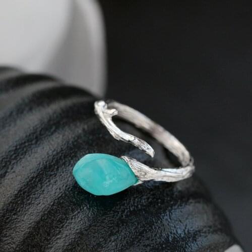 Real 925 Sterling Silver Fine Jewelry Inlaid Natural Amazonite Tide Fashion Creative Twig Bud Women Opening Adjustable Ring