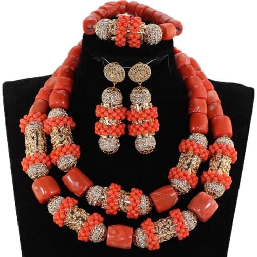 New African Coral Beads Jewelry Set for Nigerian Wedding Original Coral and Gold Chunky Bridal Jewelry Set Gift for Women CNR891