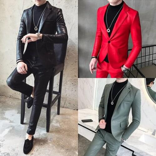 New Mens Blazers Jacket One Button Slim Fit Coat Washed PU Leather Motor Male Jackets Business Causal T57