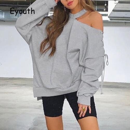 Casual Sexy Gray Hoodie Solid Color Strapless Cross Webbing Pullover Fashionable Loose Top Autumn and Winter New Ladies Clothes
