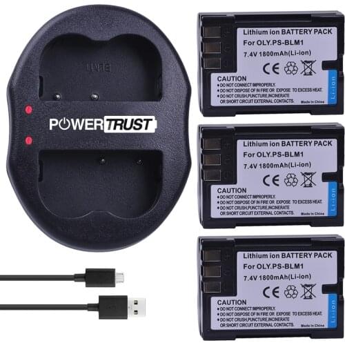 PowerTrust 3Pcs PS-BLM1 BLM1 BLM-1 Battery + Dual USB Charger for Olympus C-5060 C-7070 C-8080 E-1 E-3 E-30 E-520 EVOLT E-300