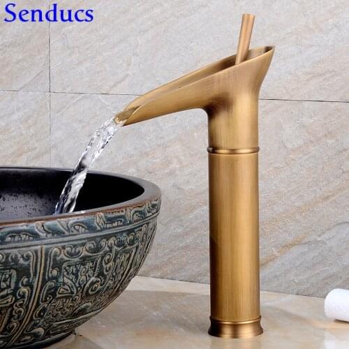 Senducs Antique Bathroom Waterfall Quality Brass Bathroom Basin Sink Faucet Hot Sale Hot Cold Antique Basin Sink Mixer Tap