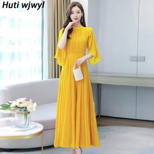 4XL Plus Size Chiffon Casual Vacation Beach Maxi Dresses 2021 Summer Vintage Solid Sundress Women Elegant Bodycon Party Vestidos