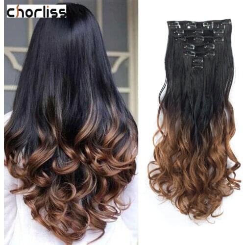 Chorliss 7pcs/set Long Wavy 16 Clips in Hair Extensions Synthetic Clip In Hair Extensions Fake False Hair Ombre Curl Hairpiece
