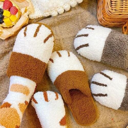 2021 Cute Cat Paw Slippers Warm Fuzzy Slippers Women Men Kawaii Yellow Fluffy Slippers Womens Home Slippers Plush Velvet Shoes