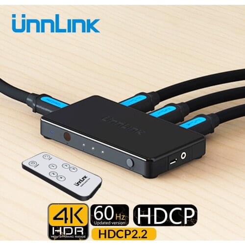 Unnlink HDMI-compatible Switch 3x1 UHD4K@60Hz RGB4:4:4 HDCP 2.2 HDR 3 In 1 Out for Smart TV MI Box3 PS4pro Projector
