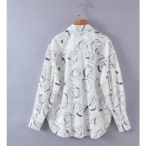 Ladies white shirt character print shirt long-sleeved lapel top celebrity streetwear top women blouse