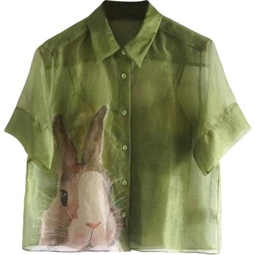 Harajuku Women Perspective Green Organza Cartoon Printed Short Shirts Gauze Spliced Blouses OL Single-breasted Crop Tops Blusas