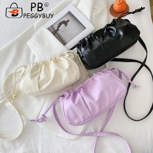2021 Fashion Drawstring Shoulder Bag Women PU Leather Casual Pleated Pure Color Purse Solid Color Pleated Tote Bag