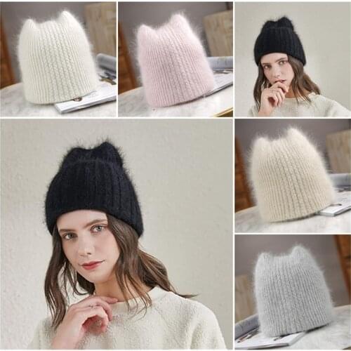 Womens Winter Knit Hat Rabbit Fur Warm Wide Sleeve Beanies Vertical Lines Elastic Skull Cap Candy Color Wholesale