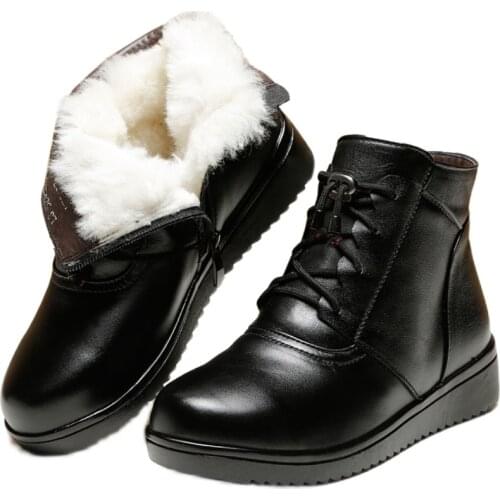 High Quality Cowhide Wool Boots Black Leather Boots Flat Wedges Non-slip Warm Boots Winter Snow Shoes Womens Boots Large Size