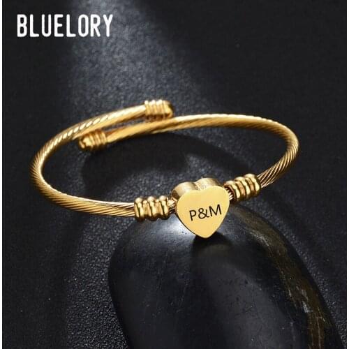 Bluelory Custom Engraved Letter Heart Twist Bangles Gold Stainless Steel Women Personalized Jewelry