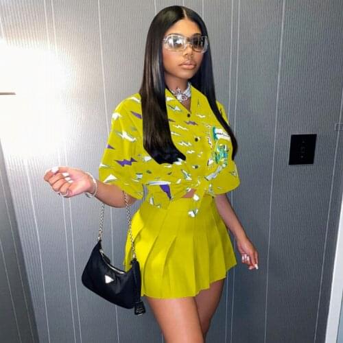 2021 Summer Matching Skirt Sets Fashion Temperament New Exotic Print Y2K Short Sleeve Shirt Female High Waist Slim Skirt Suit