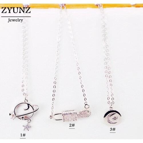 10PCS, Silver Color Clear Crystal Zircon Lock Key /Star /Moon Pendant Necklace Women Fashion Jewelry