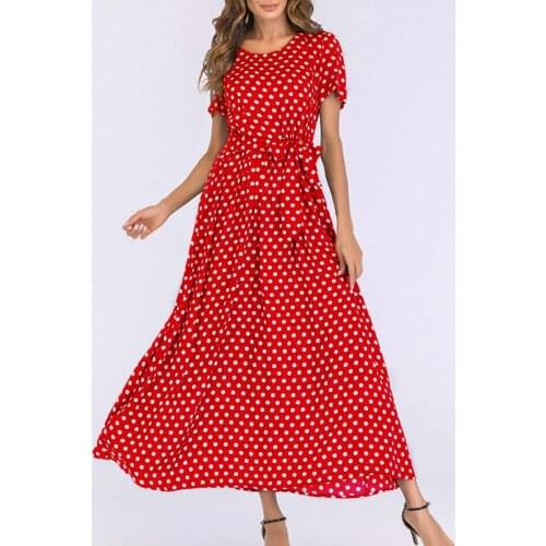 4# Polka Dot Women Dresses Elegent O-neck Short Sleeve Beach Bandage Long Maxi Dress Office Ladies Belt Party Dresses Vestido