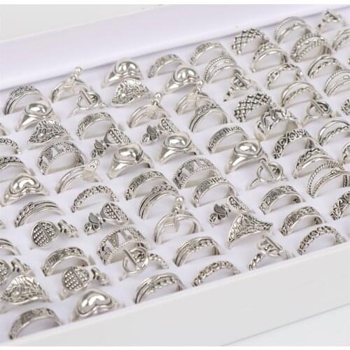 50pcs/lot Vintage Metal Love Antique Silver Color Rings For Women Mix Style Adjustable Opening Fashion Jewelry Party Gifts