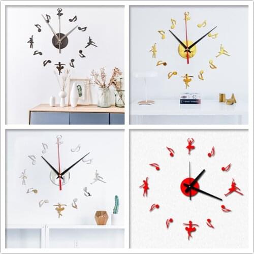 Ballerina Note Mirror Sticker Wall Clock Dance Girls Moving Leg 3D DIY Clocks Horloges for Baby Girl Rooms Music Room Decor Gift