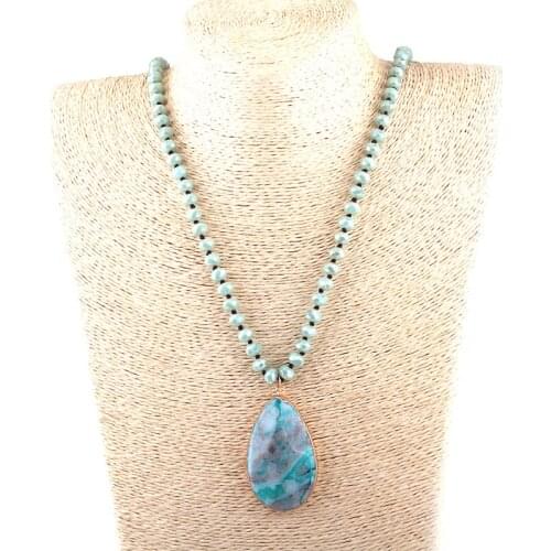 Free Shipping Fashion Blue /Pink Long Crystal Glass Knotted Natural Stone Drop Pendant Necklaces For Bohemian Tribal Jewelry