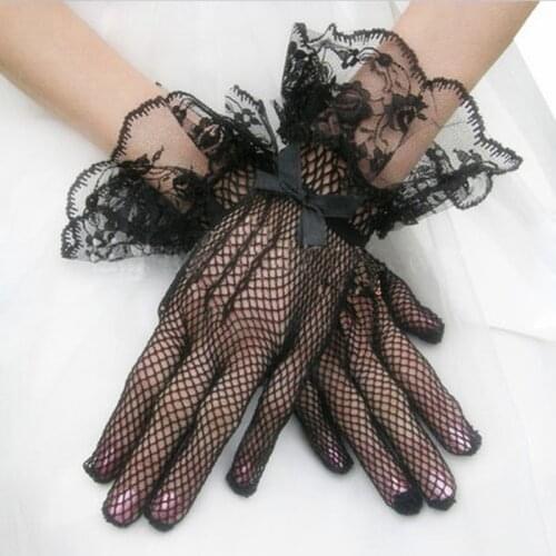 Full Finger Black Bridal Gloves Elegant White Ivory Lace Net Short Wedding Gloves Bride Wedding Dress Womens Gloves For Party