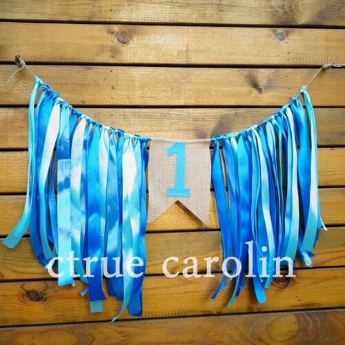 1 set blue ribbon Banner flags party garland baby shower bunting boy First Birthday party flag 1st Party Decor