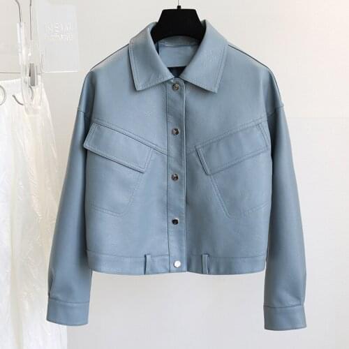 Leather Jacket For Women Fall Loose Drop Sleeve Biker Moto Faux Leather Coats Ladies Turn Down Collar Single-Breasted Outwear