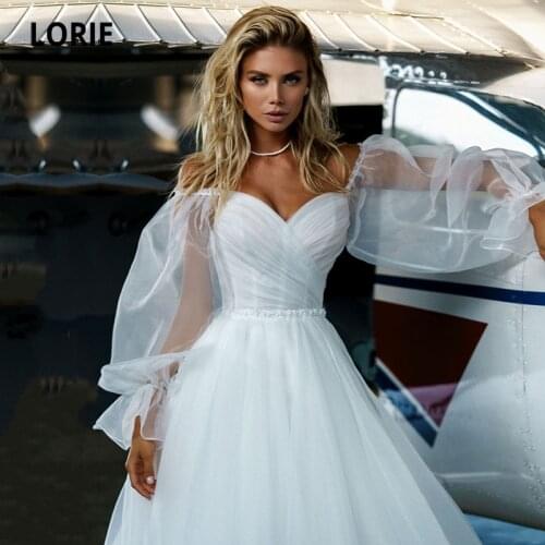 LORIE Bohemian Wedding Dresses Boho Sweetheart Pleats A-Line Tulle Puff Sleeves Wedding Gown Princess Bride vestido de noiva