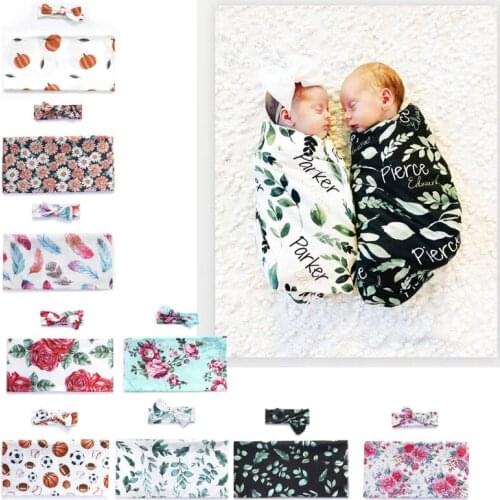 Newborn Photography Props Infants Floral Blankets with Headband Muslin Flower Printed Sleeping Swaddle Wrap Baby Accessories