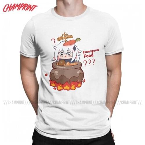 Paimon Genshin Impact Emergency Food T Shirts Men Pure Cotton Novelty T-Shirt Game Tee Shirt Short Sleeve Clothes Plus Size