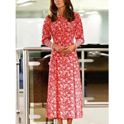 Princess Kate Spring Autumn Fashion New Womens Designer Elegant High Quality Party Casual Vintage Long Sleeve Print Midi Dress