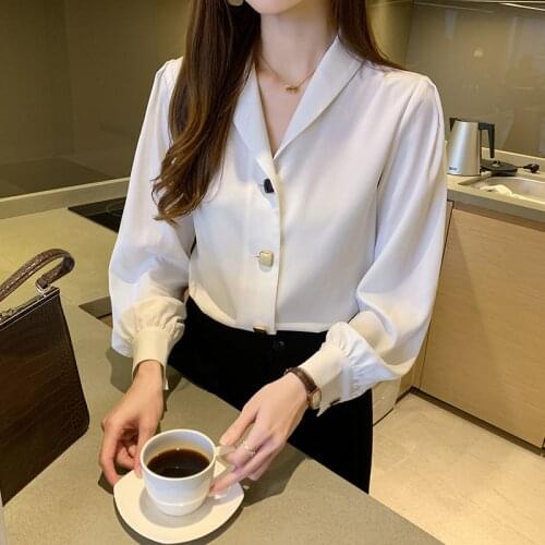 Shirt Women 2021 Spring Autumn Office Lady Tops Long Sleeve Casual Woman Clothes Button Solid Chiffon Blouse Chemisier Femme