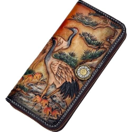 Handmade Genuine Leather Wallets Carving Red-crowned Crane Bag Purses Women Men Long Clutch Vegetable Tanned Leather Wallet