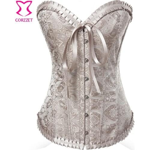 Paisley Pattern Overbust Corsets and Bustiers Sexy Korsett For Women Corselet Pleated Trim Gothic Corset Top With G-string