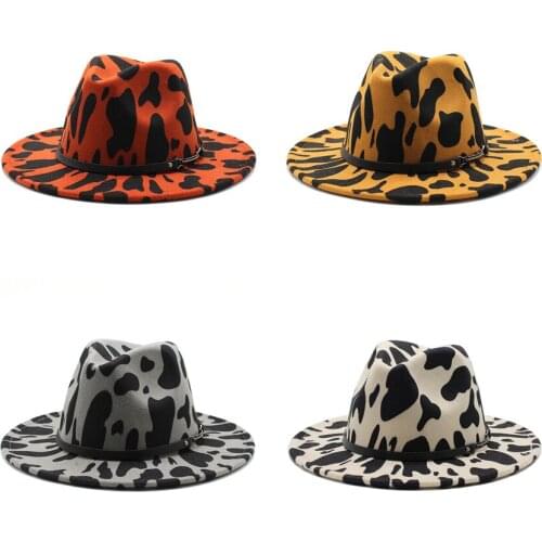 Men Fedora hats women Cowboy Leopard woolen jazz hats British style hat Fashion hat autumn winter big along Multicolor hat