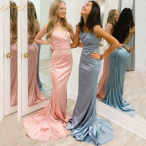 Blue Satin Bridesmaid Dress Mermaid Sexy Gowns Halter Long Party Guest Wedding Party Gown Slim Flowing Prom Gown Open Back Strap