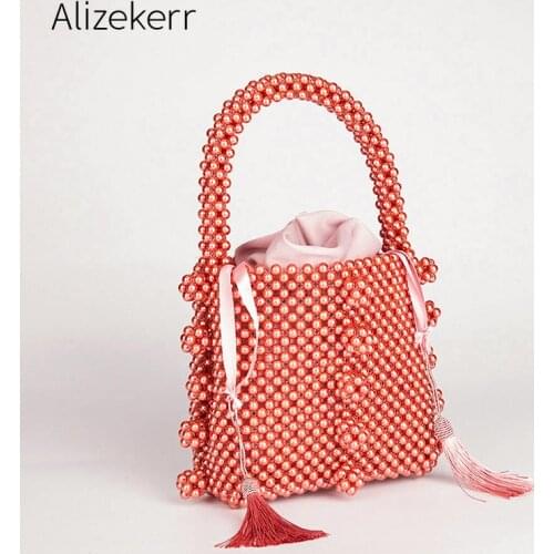 Tassel Pearls Bucket Handbags For Women 2021 Luxury Handmade Top Handle Beading Evening Bags For Bride Wedding High Quality