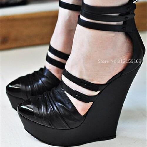 Women Platform Wedges Pumps Back Zip Ankle Strap Shoes Women Party Ladies Scarpe Donna Plus Size 47-52