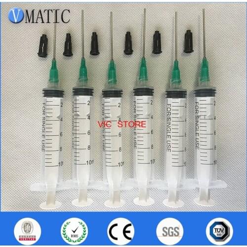 High Quality Non Sterilized 6Pcs Liquid Glue Dispenser 10ml/cc Syringes + 18 Gauge 1 Inch Needle + Black Syringe Caps/Stopper